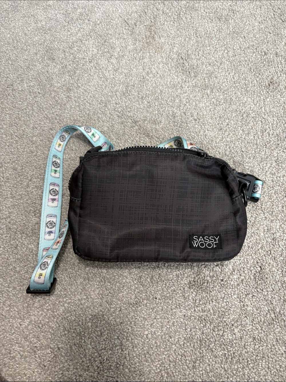 Black Crossbody Belt Bag with Patterned Strap